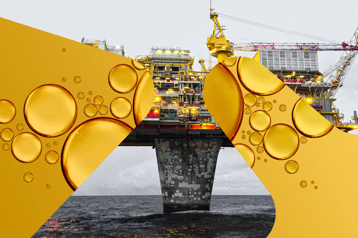 Gult nærbilde av oljedråper kombinert med bilde av oljeplattform